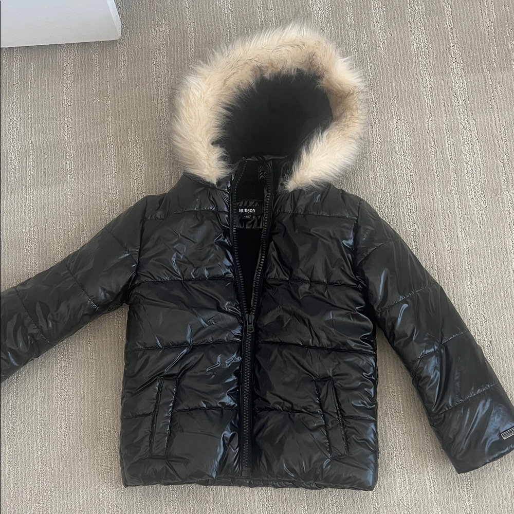 Hudson Jeans Black Puffer Jacket with Faux Fur Trim